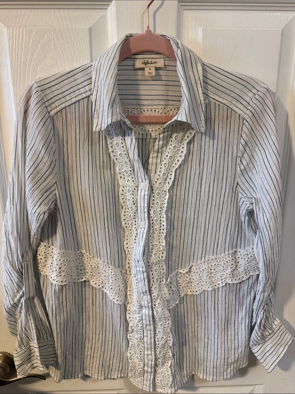 Style & co -super cute Light Blue Striped Button-Front Shirt with Lace Trim